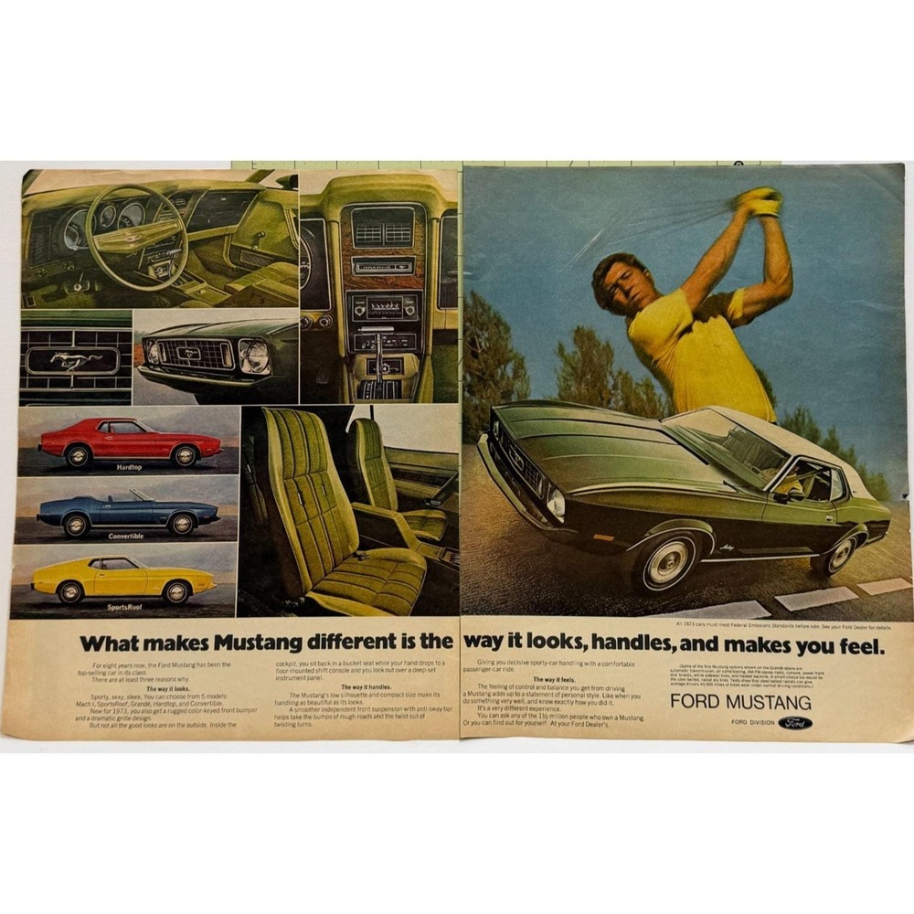 Vintage 1973 Mustang Centerfold Muscle Car Convertible Sports Roof 1972 Print Ad